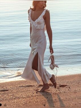 Frill Trim Maxi V-Neck Slip White Dress Large